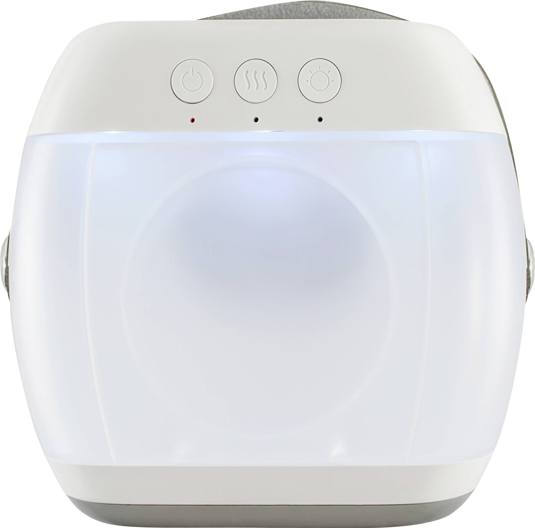 Een draagbaar, compact massageapparaat met bedieningsknoppen aan de voorkant, verlicht door een zacht blauw licht.