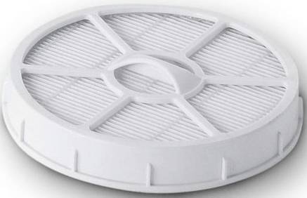 Rundvormige, witte vervangingsfilter voor stofzuiger met een roosterachtig ontwerp voor efficiënte luchtfiltratie.