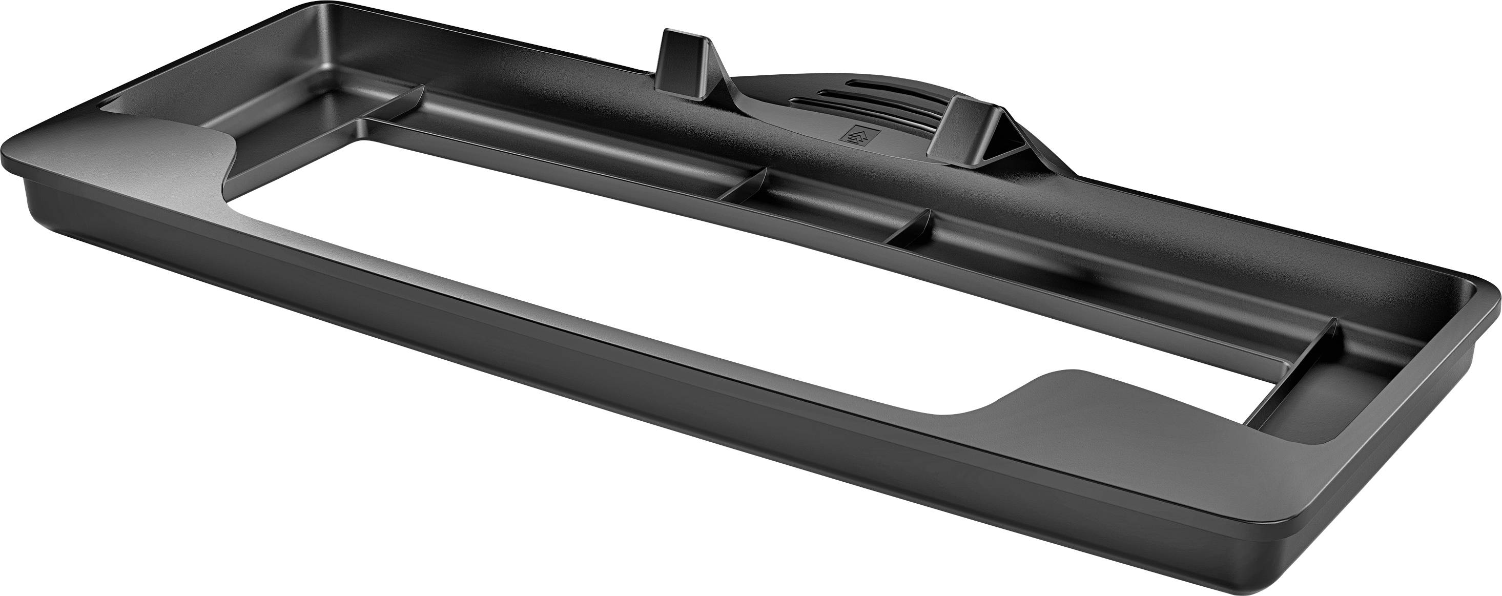 Een zwarte kentekenhouder van kunststof, rechthoekig met smalle randen en bevestigingsoren.