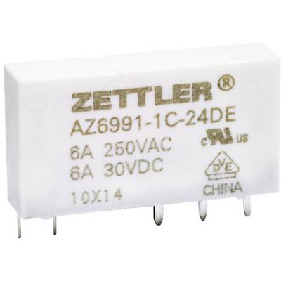 'Relais Zettler AZ6991-1C-24DE, 6A 250VAC, 6A 30VDC, China' op een witte, rechthoekige behuizing met metalen pinnen eronder.
