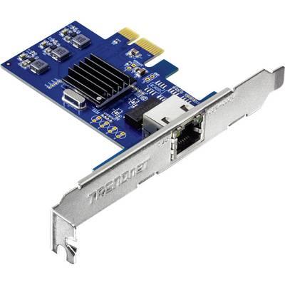 Een netwerkadapter voor een computer met een PCI-Express-interface en een Ethernet-aansluiting.