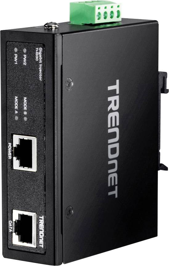 Zwarte industriële Gigabit-injector TRENDnet TI-PG102B met twee RJ-45-poorten voor PoE-verbindingen, geschikt voor netwerkapparatuur.