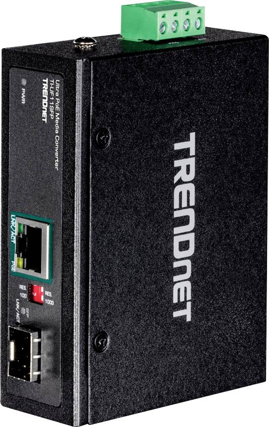 TrendNet Ethernet naar glasvezel mediaconverter, zwarte behuizing, Ethernet- en glasvezelaansluitingen zichtbaar, netwerkhardware.