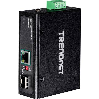 TrendNet Ethernet naar glasvezel mediaconverter, zwarte behuizing, Ethernet- en glasvezelaansluitingen zichtbaar, netwerkhardware.