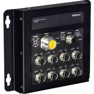 Een zwarte M12 Gigabit PoE+ Switch van TRENDNET met meerdere aansluitingen voor netwerken en voedingsindicatoren op de voorkant.