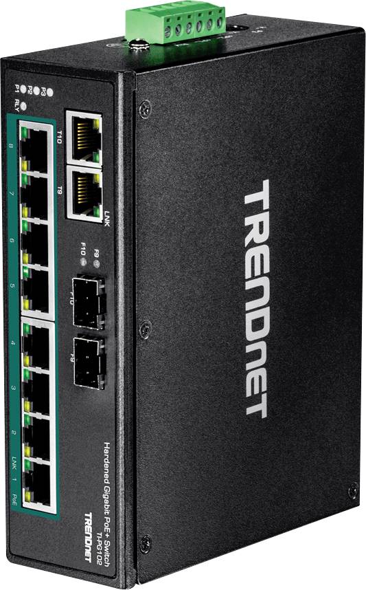Een zwarte netwerk-switch van TRENDnet met acht Ethernet-poorten en twee glasvezelaansluitingen. Modelnaam: TI-PG102i.