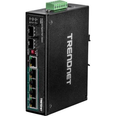 Industriële Ethernet-switch met robuuste behuizing, zes Ethernet-poorten en groene aansluitblok. Model: TRENDnet TI-PG62B.