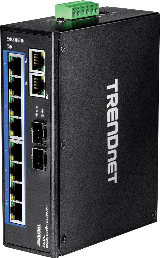 TrendNet Ethernet-switch met 8 Gigabit-poorten en 2 glasvezelpoorten, robuust zwart ontwerp, geschikt voor netwerkinfrastructuur.