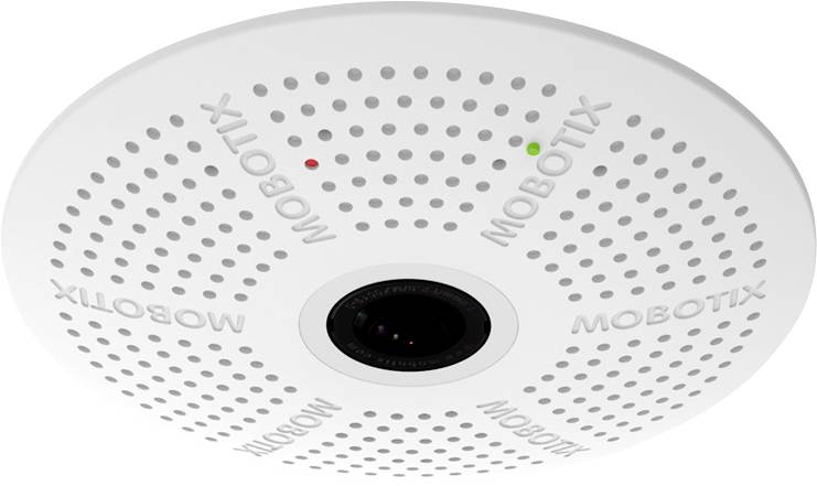 Een ronde, witte bewakingscamera van het merk Mobotix met een centraal objectief en kleine gaatjes gelijkmatig verdeeld.