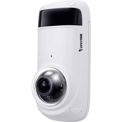 Een witte beveiligingscamera met een bolvormig lenzendeel en een rond objectief, geschikt voor montage aan wand of plafond.