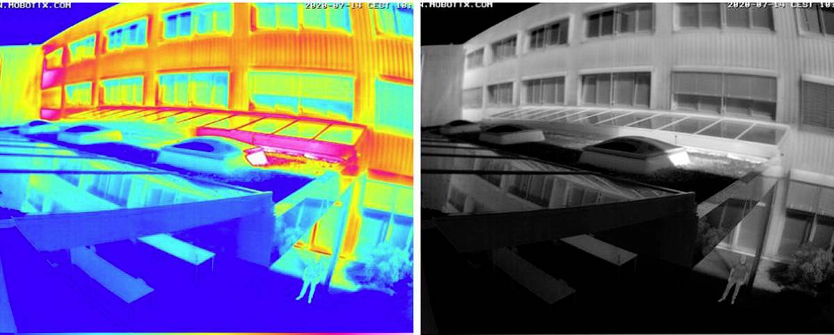 De afbeelding toont twee weergaven van een kantoorgebouw: links een warmtebeeldopname met kleurenspectrum, rechts een zwart-witopname.