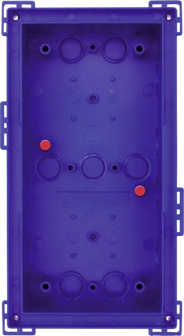 Blauw kunststof behuizing, rechthoekig, met verschillende uitsparingen en ronde openingen. Geschikt voor de installatie van elektrische componenten.