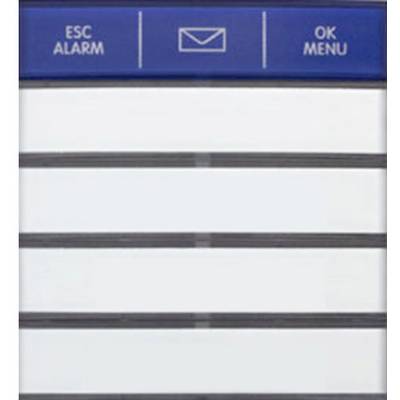 'Uitsnede van een bedieningspaneel met drie knoppen: ESC ALARM, een omschakelsymbool, en OK MENU.'