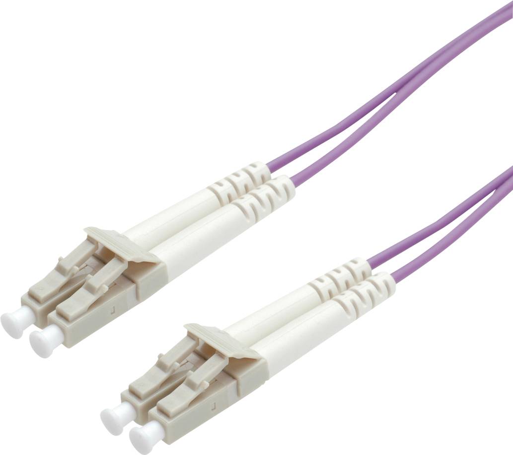 Twee paarse glasvezelkabels met witte LC-connectoren, naast elkaar liggend op een witte achtergrond.