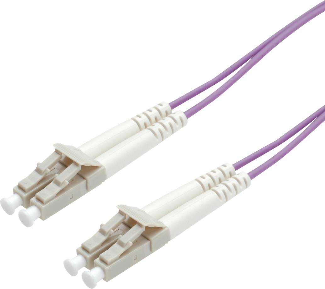 Twee witte LC-LC glasvezel-duplexkabels met paarse mantel voor datatransmissie.