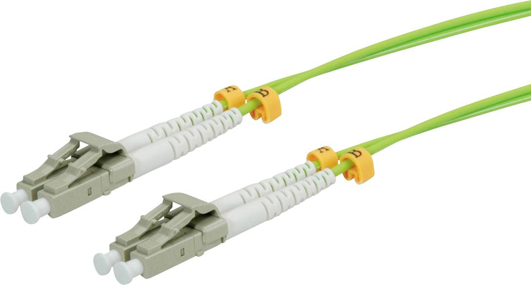 Twee groene glasvezelkabels met grijze en witte connectoren.