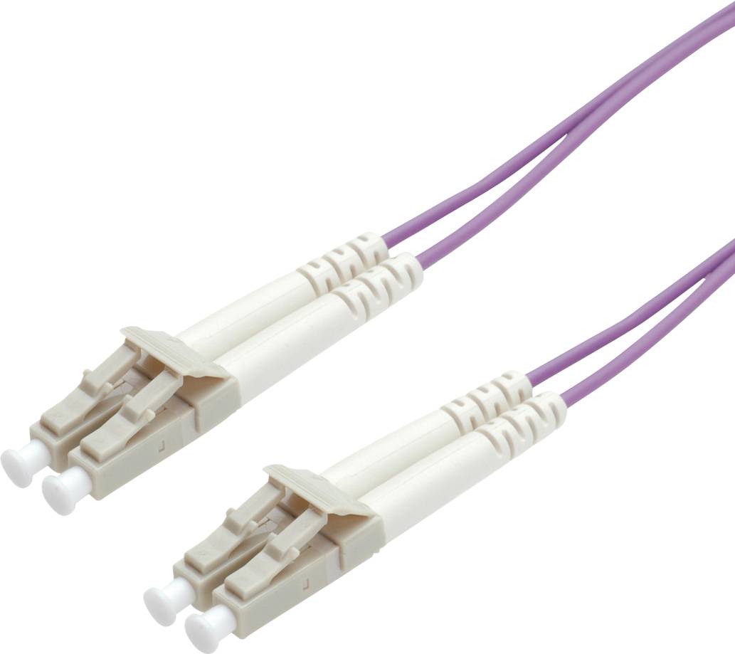Twee paarse glasvezelkabels met LC-connectoren op een witte achtergrond.