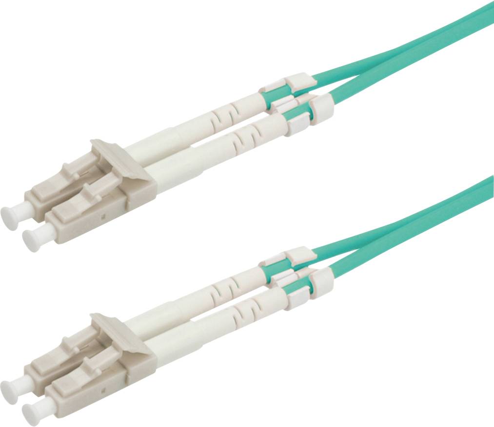 Twee LC-LC glasvezelkabels met een turquoise mantel en witte connectoren voor datatransmissie in netwerken.