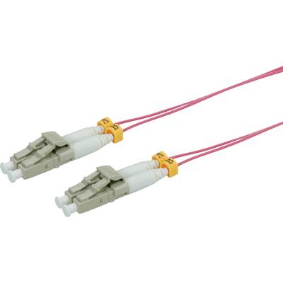 'Roze glasvezelkabel met twee LC-connectoren aan de uiteinden, geschikt voor high-speed datatransmissie.'