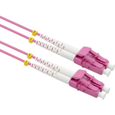 Twee roze LC-duplex glasvezelkabels met gele nummermarkeringen '1' en '2' op de aansluitingen, die naast elkaar liggen.