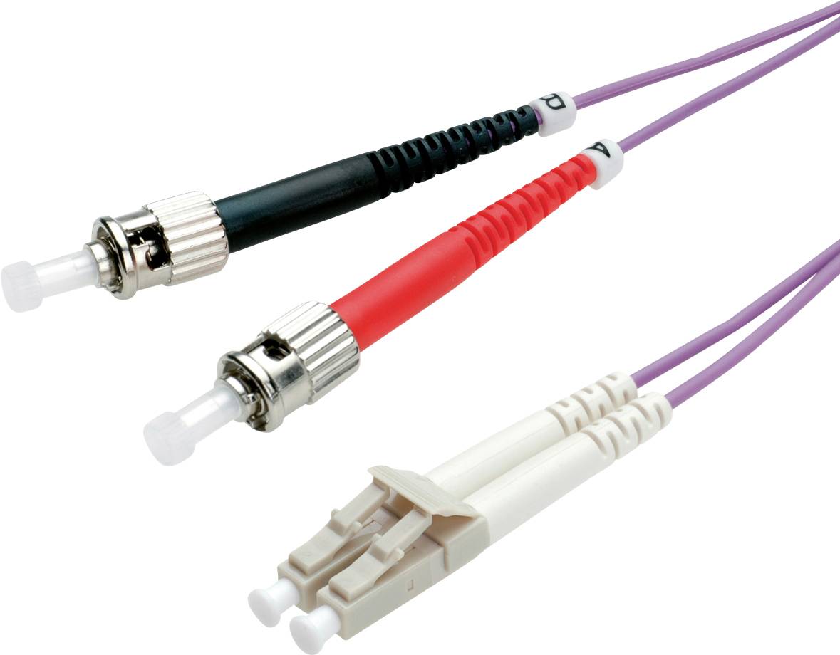 Twee glasvezelkabels, een met een zwarte connector en een met een rode connector, verbonden met een wit eindpunt. Technische toebehoren voor netwerken.
