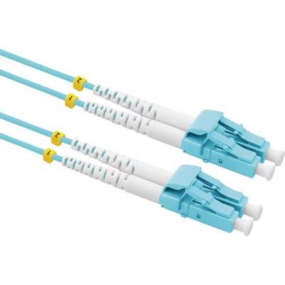 Twee blauwe glasvezelkabels met witte connectoren en gele markeringen '1' en '2', uitgelijnd voor dataverbindingen.