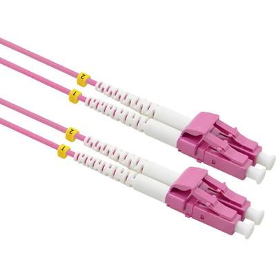 'Twee roze glasvezelkabels met witte en roze connectoren, gemarkeerd met gele ringen met de nummers 1 en 2.'