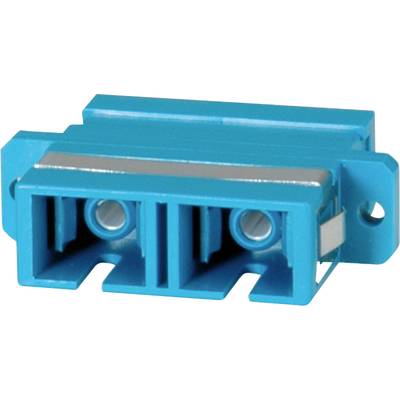 Een blauwe glasvezeladapter met twee aansluitopeningen, gebruikt voor het verbinden van glasvezelkabels in netwerkaansluitingen.