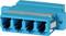 Een blauwe LC-Quad-adapter voor glasvezelkabels, met vier aansluitbussen. Wordt gebruikt voor het verbinden van meerdere glasvezellijnen.