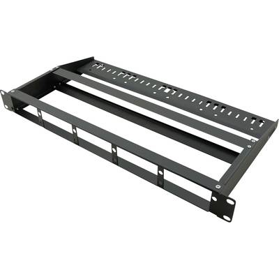 Metalen beugel voor serverrekken, zwart, rechthoekige vorm, met meerdere bevestigingspunten aan de zijkanten.