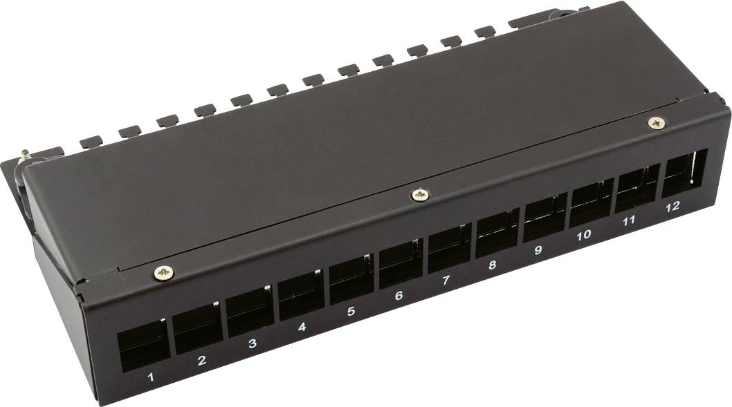 Een zwart patchpanel met twaalf genummerde netwerkpoorten, van 1 tot 12, geschikt voor de organisatie van Ethernet-kabels.