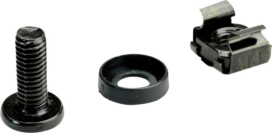 'Drie zwarte metalen onderdelen: schroef, sluitring en moerclip, naast elkaar op een witte achtergrond.'