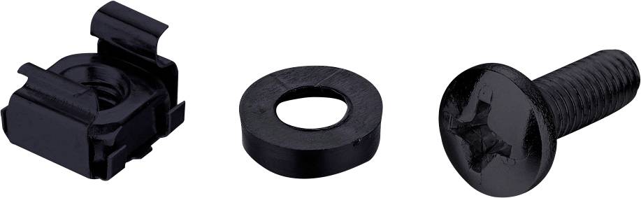 Een zwarte schroefset bestaande uit een schroef, een sluitring en een bevestigingsclip.