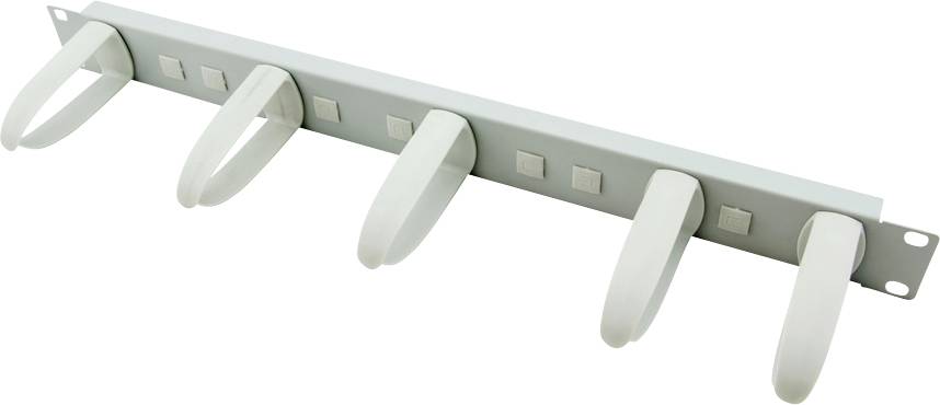 Een kabelbeheerpaneel met meerdere witte kabelhaken gemonteerd op een metalen rail, bedoeld voor kabelorganisatie.