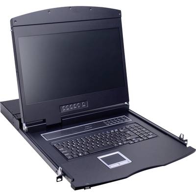 Een zwarte laptop met een groot scherm en geïntegreerd toetsenbord in een robuust behuizing, duidelijk ontworpen voor gebruik in een serverrek.