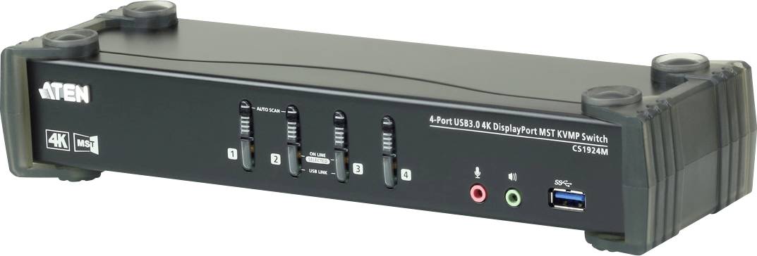 'ATEN 4-Poorts USB 4K DisplayPort KVM-Switch', toont meerdere aansluitingen en knoppen voor bediening. High-definition, multi-apparaatbeheer.