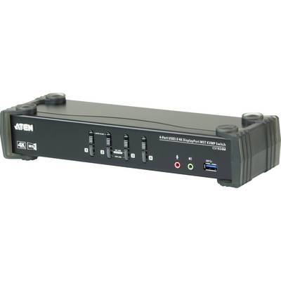 'ATEN 4-Poorts USB 4K DisplayPort KVM-Switch', toont meerdere aansluitingen en knoppen voor bediening. High-definition, multi-apparaatbeheer.