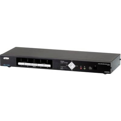 Een zwarte HDMI-switch van ATEN met meerdere in- en uitgangen aan de voorkant, inclusief bedieningsknoppen.