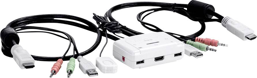 Een witte KVM-switch met meerdere kabels en aansluitingen, waaronder HDMI, USB en audio-aansluitingen, voor het verbinden van meerdere apparaten.