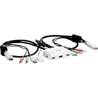 Een witte KVM-switch met meerdere kabels en aansluitingen, waaronder HDMI, USB en audio-aansluitingen, voor het verbinden van meerdere apparaten.