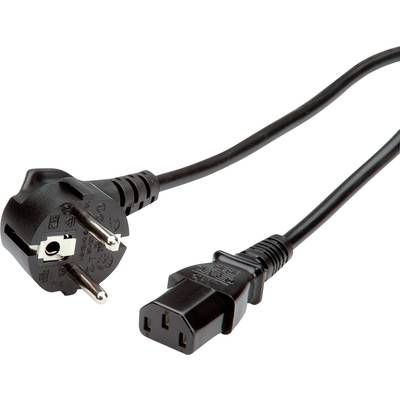Een zwarte netwerkkabel met een Schuko-stekker aan de ene kant en een IEC C13-stekker aan de andere kant, een typisch computeraccessoire.
