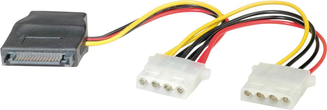 'SATA-naar-Molex-adapterkabel met twee witte stekkers en een zwarte aansluiting. Wordt gebruikt voor de stroomvoorziening van harde schijven.'