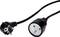Een zwarte stroomkabel met twee stekkers: links een Schuko-stekker, rechts een koppeling. Geschikt voor aansluiting op Europese stopcontacten.
