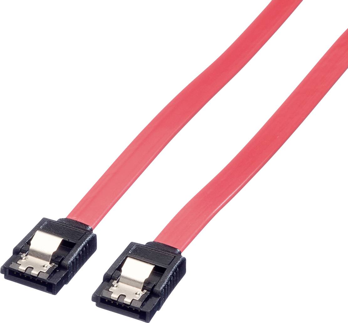 Twee rode SATA-kabels met zwarte connectoren, die doorgaans worden gebruikt voor het aansluiten van harde schijven op moederborden in computers.