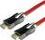'Een rood HDMI-kabel toont twee goudkleurige stekkers met een zwarte behuizing. Het wordt gebruikt voor het overdragen van audio- en videogegevens.'