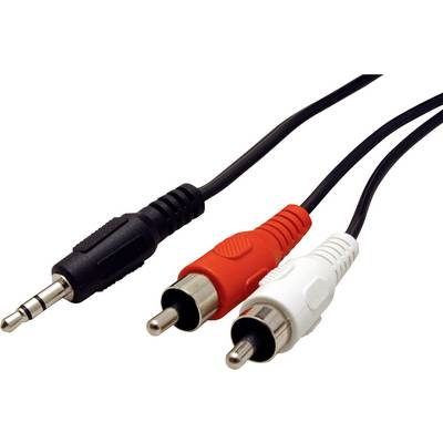 'Drie kabels met aansluitingen: een zwarte 3,5-mm-jackplug en twee RCA-stekkers in rood en wit voor audioverbindingen.'