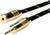 Gouden audiokabel met 3,5-mm-jackplug en cinch-aansluiting, zwarte kabel met geel patroon. Geschikt voor audioverbindingen.
