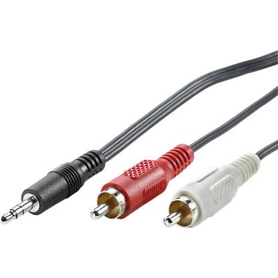 Drie audiokabels: een zwarte 3,5-mm-jackplug en twee cinch-stekkers, één rood en één wit voor audioverbindingen.