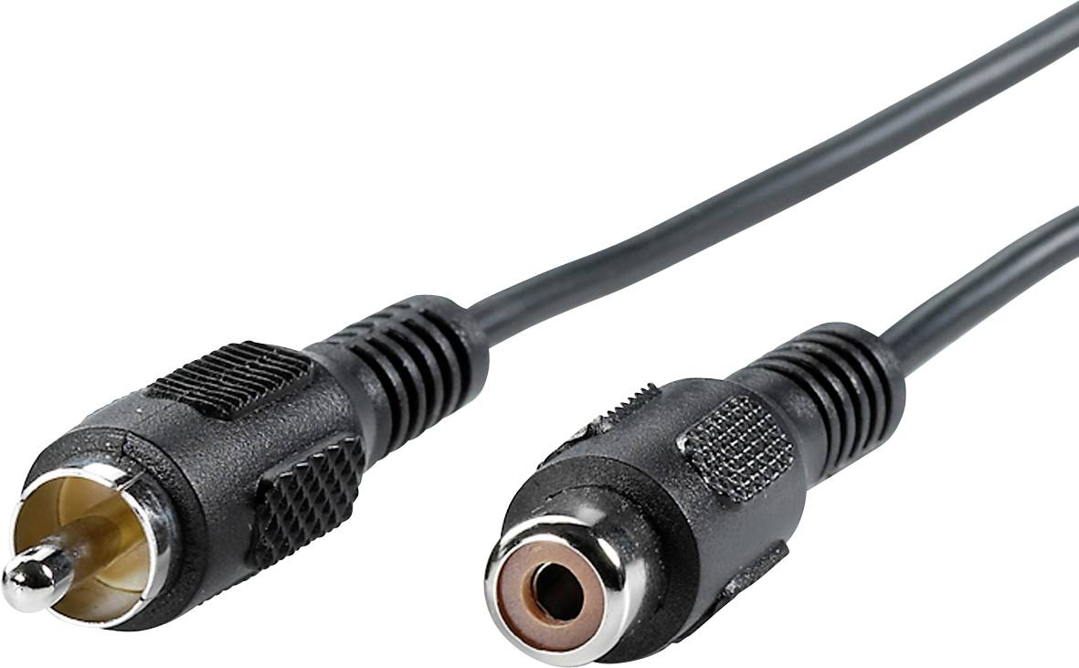 Twee audio-aansluitingen, links een mannelijke RCA-stekker en rechts een vrouwelijke RCA-aansluiting, beide met een zwart kabel.