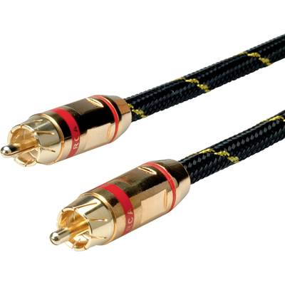 Twee RCA-kabels met gouden connectoren en een rode markeringsring op een zwart kabel. Gebruikt voor audioaansluiting.